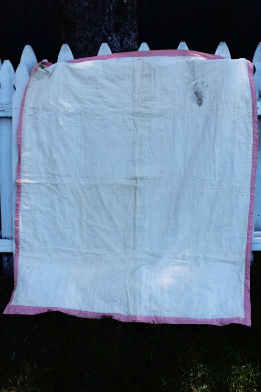 photo of 40s 50s vintage pinwheel patchwork quilt, colorful prints, candy pink cotton border #5