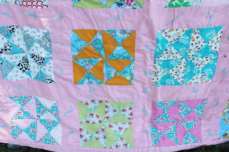 photo of 40s 50s vintage pinwheel patchwork quilt, colorful prints, candy pink cotton border #6