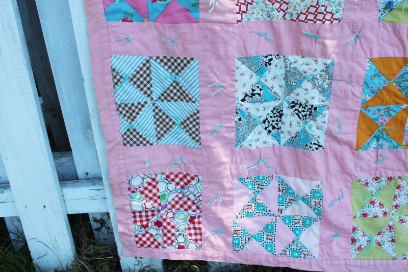 photo of 40s 50s vintage pinwheel patchwork quilt, colorful prints, candy pink cotton border #7