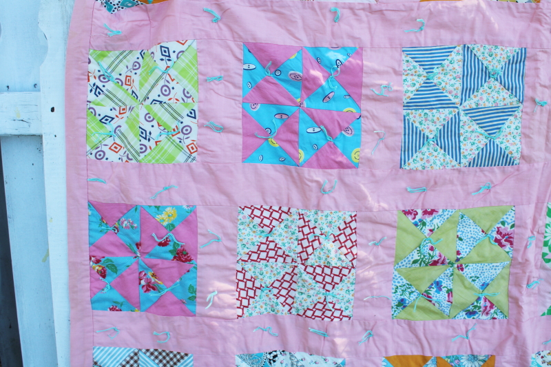 photo of 40s 50s vintage pinwheel patchwork quilt, colorful prints, candy pink cotton border #8