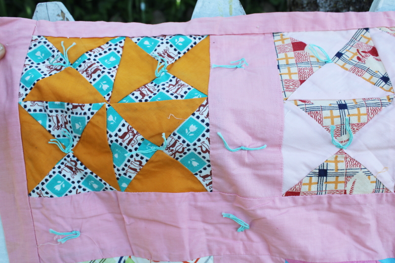 photo of 40s 50s vintage pinwheel patchwork quilt, colorful prints, candy pink cotton border #9