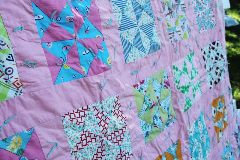 photo of 40s 50s vintage pinwheel patchwork quilt, colorful prints, candy pink cotton border #10