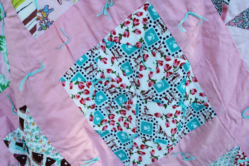 photo of 40s 50s vintage pinwheel patchwork quilt, colorful prints, candy pink cotton border #12