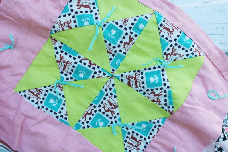 photo of 40s 50s vintage pinwheel patchwork quilt, colorful prints, candy pink cotton border #13