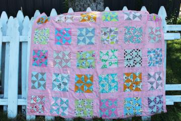 catalog photo of 40s 50s vintage pinwheel patchwork quilt, colorful prints, candy pink cotton border