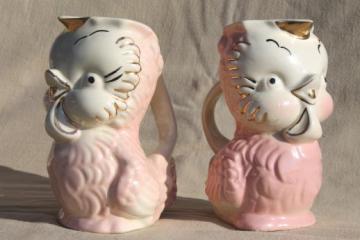 catalog photo of 40s 50s vintage pottery pitchers, pink & gold baby bird chicks pair of ceramic jugs