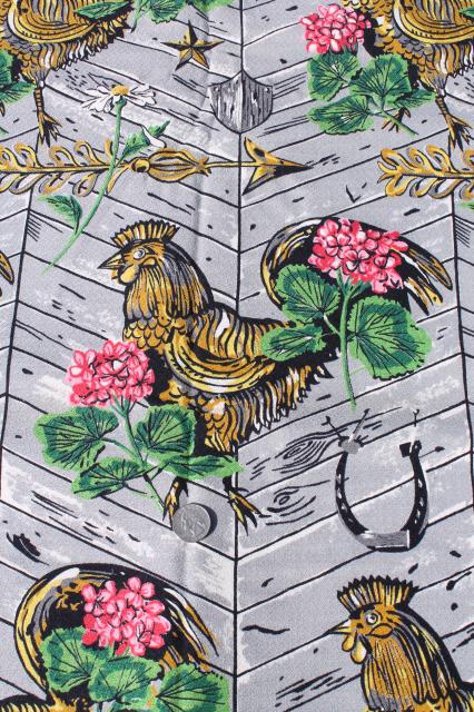 40s 50s vintage print cotton barkcloth fabric - roosters, pink ...