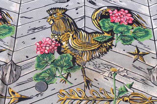 photo of 40s 50s vintage print cotton barkcloth fabric - roosters, pink geraniums, grey barn wood #6