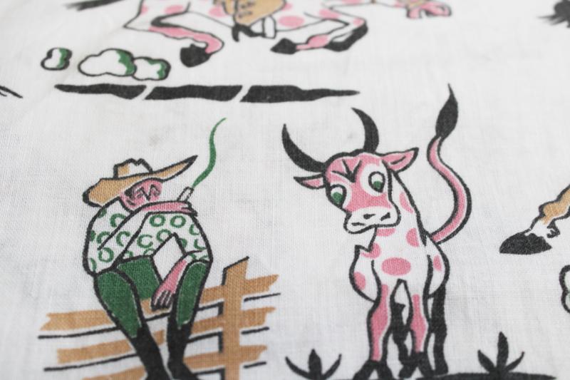 photo of 40s 50s vintage print cotton feed sack fabric, rodeo cowboys, Texas longhorns ranchers #3