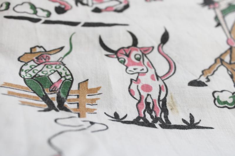 photo of 40s 50s vintage print cotton feed sack fabric, rodeo cowboys, Texas longhorns ranchers #6