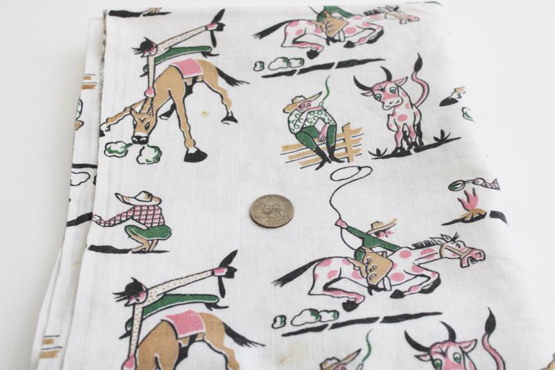 photo of 40s 50s vintage print cotton feed sack fabric, rodeo cowboys, Texas longhorns ranchers #8