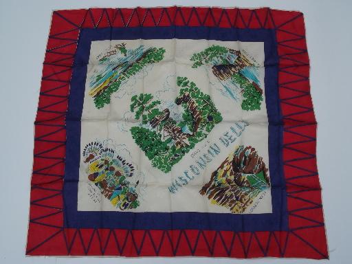 photo of 40s 50s vintage print rayon souvenir scarf, Wisconsin Dells landmarks #1