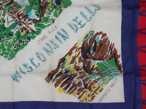 photo of 40s 50s vintage print rayon souvenir scarf, Wisconsin Dells landmarks #2