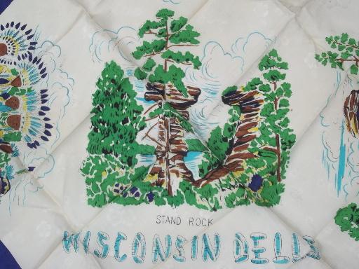 photo of 40s 50s vintage print rayon souvenir scarf, Wisconsin Dells landmarks #3