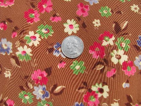 photo of 40s - 50s vintage print silk or rayon fabric, floral on brown #1