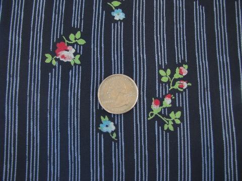 photo of 40s - 50s vintage print silk or rayon fabric, floral on navy blue stripe #1