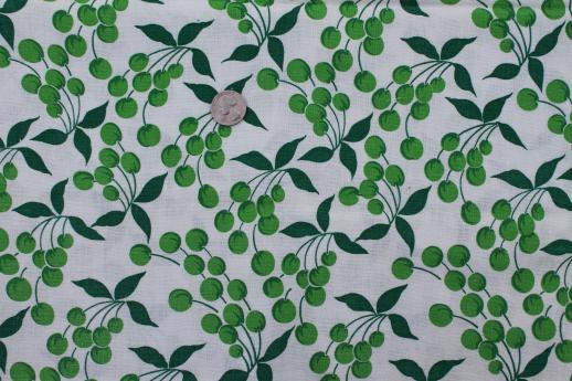 photo of 40s 50s vintage printed cotton feed sack fabric, green cherries fruit print #1