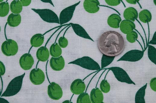 photo of 40s 50s vintage printed cotton feed sack fabric, green cherries fruit print #2