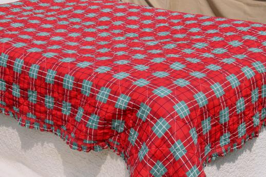 photo of 40s 50s vintage red & green tartan plaid quilted cotton comforter quilt w/ perky ruffle #1