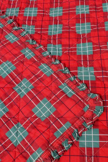 photo of 40s 50s vintage red & green tartan plaid quilted cotton comforter quilt w/ perky ruffle #2