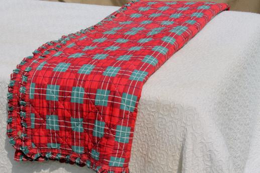 photo of 40s 50s vintage red & green tartan plaid quilted cotton comforter quilt w/ perky ruffle #5