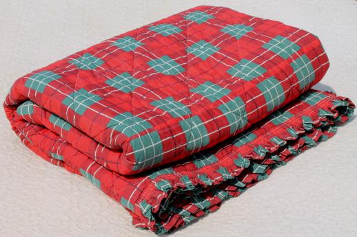 photo of 40s 50s vintage red & green tartan plaid quilted cotton comforter quilt w/ perky ruffle #6