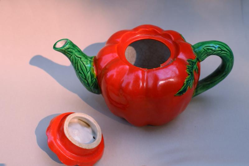 photo of 40s 50s vintage red tomato ceramic teapot, Occupied Japan hand painted china #4