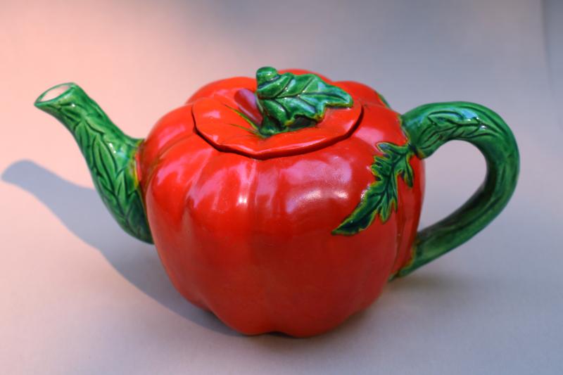 photo of 40s 50s vintage red tomato ceramic teapot, Occupied Japan hand painted china #7