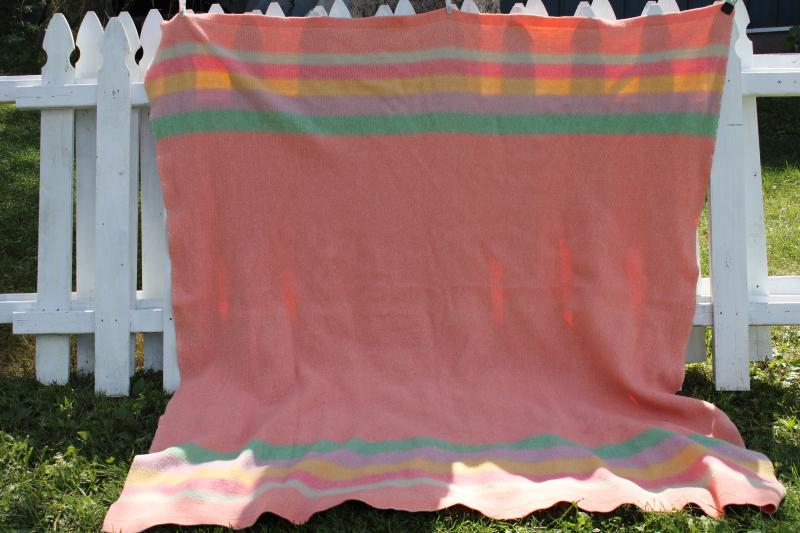 photo of 40s 50s vintage wool camp bed blanket candy striped jade green, blue, yellow on pink #1