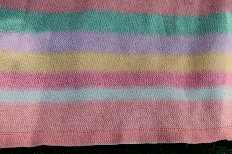 photo of 40s 50s vintage wool camp bed blanket candy striped jade green, blue, yellow on pink #3