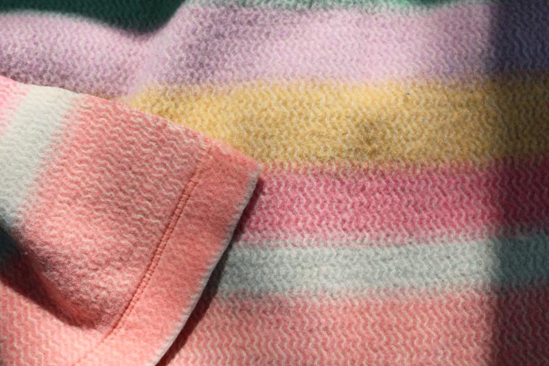 photo of 40s 50s vintage wool camp bed blanket candy striped jade green, blue, yellow on pink #4