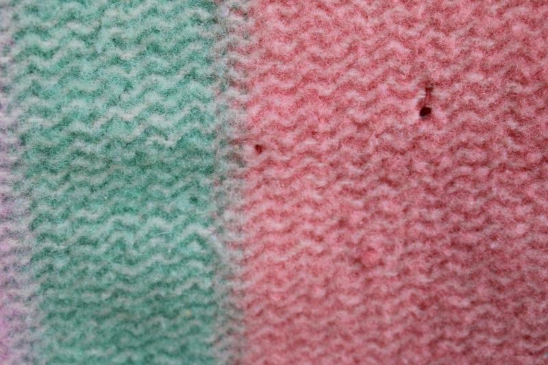 photo of 40s 50s vintage wool camp bed blanket candy striped jade green, blue, yellow on pink #7