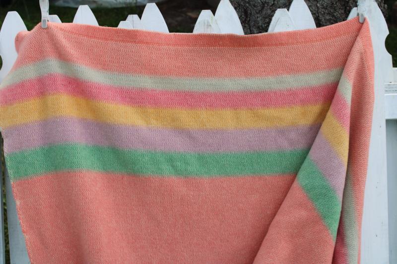 photo of 40s 50s vintage wool camp bed blanket candy striped jade green, blue, yellow on pink #9