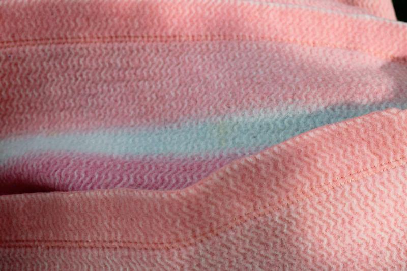 photo of 40s 50s vintage wool camp bed blanket candy striped jade green, blue, yellow on pink #10