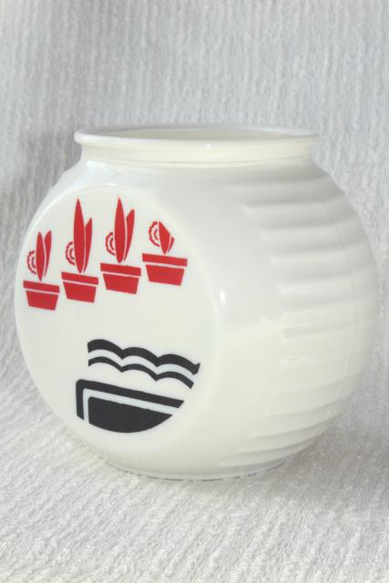 photo of 40s vintage Anchor Hocking ivory glass kitchen range jar, art deco red & black cactus pots #1