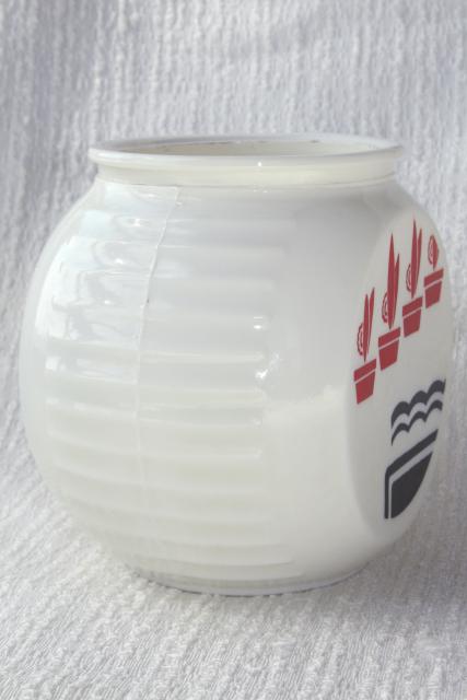 photo of 40s vintage Anchor Hocking ivory glass kitchen range jar, art deco red & black cactus pots #3