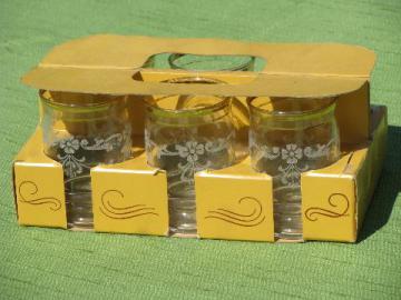 catalog photo of 40s vintage Corning glass tumblers in original box, white frost floral