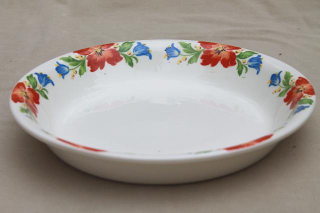 photo of 40s vintage Harker china Hotoven oven proof pottery pie plate blue & red ruffled tulip floral #1