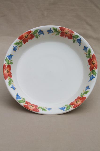 photo of 40s vintage Harker china Hotoven oven proof pottery pie plate blue & red ruffled tulip floral #2