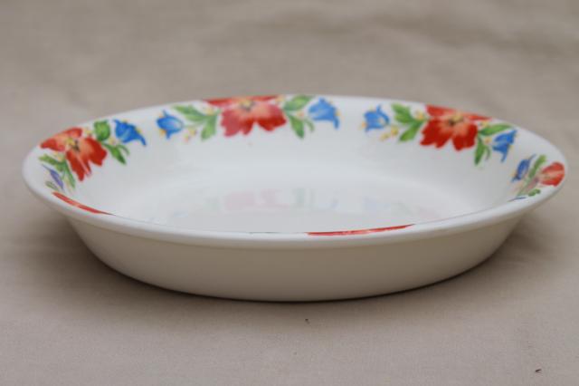 photo of 40s vintage Harker china Hotoven oven proof pottery pie plate blue & red ruffled tulip floral #3