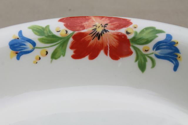 photo of 40s vintage Harker china Hotoven oven proof pottery pie plate blue & red ruffled tulip floral #4