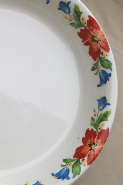 photo of 40s vintage Harker china Hotoven oven proof pottery pie plate blue & red ruffled tulip floral #5