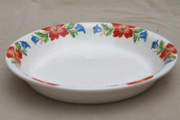 catalog photo of 40s vintage Harker china Hotoven oven proof pottery pie plate blue & red ruffled tulip floral