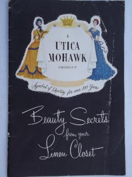 catalog photo of 40s vintage Utica Mohawk catalog, bed sheet types, cotton fabric swatches