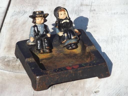 photo of 40s vintage Wilton cast iron handpainted ashtray w/ Amish boy and girl #1