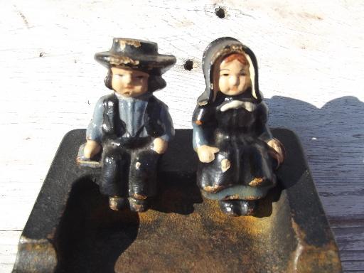 photo of 40s vintage Wilton cast iron handpainted ashtray w/ Amish boy and girl #4