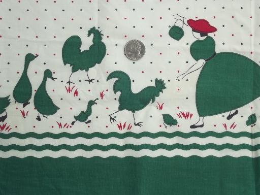 photo of 40s vintage border print cotton fabric, lady feeding chickens print  #1