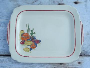 catalog photo of 40s vintage china platter, old Mexico theme decal, Mexican pots and cactus