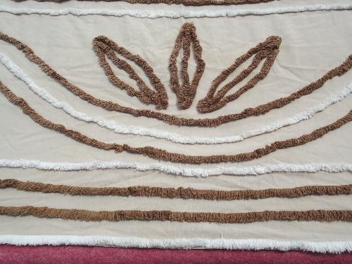 photo of 40s vintage cotton chenille bedspread, pale latte w/ coffee brown and white #3