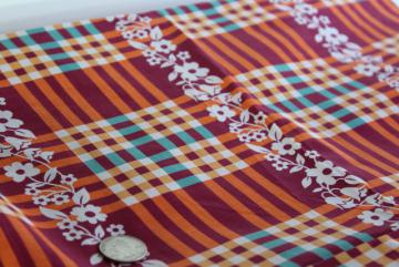 catalog photo of 40s vintage cotton fabric - burgundy, tangerine orange & teal green plaid w/ flowers